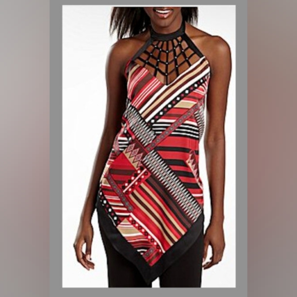 XOXO Juniors Blouse Beaded Sleeveless Halter Print Black Coral size Small